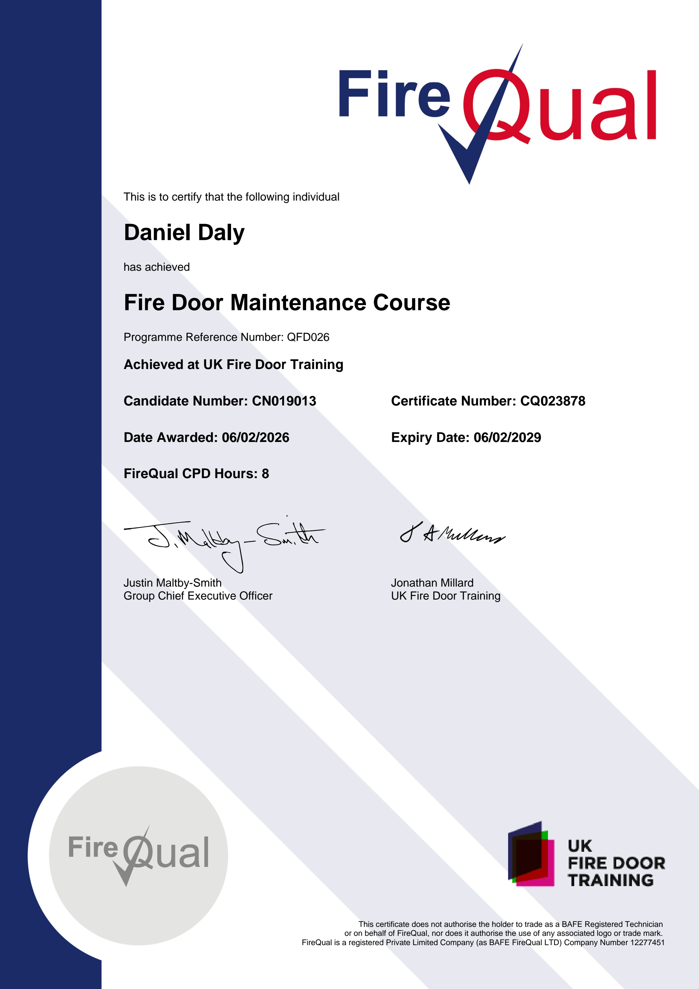 FireQual Fire Door Maintenance Course certificate (QFD026) awarded to Daniel Daly by UK Fire Door Training, 06/02/2026