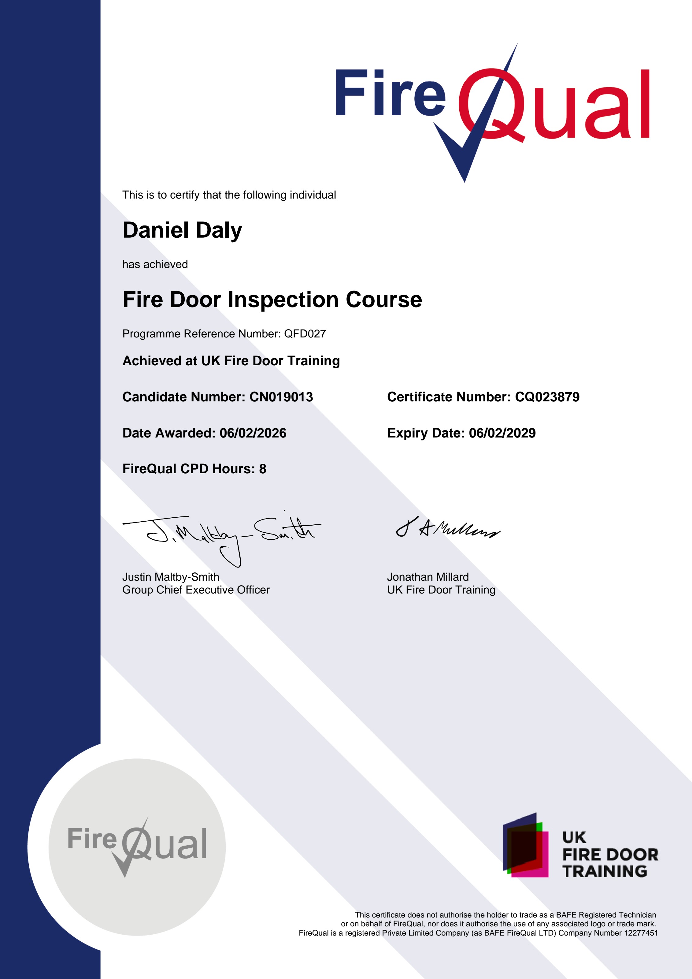 FireQual Fire Door Inspection Course certificate (QFD027) awarded to Daniel Daly by UK Fire Door Training, 06/02/2026